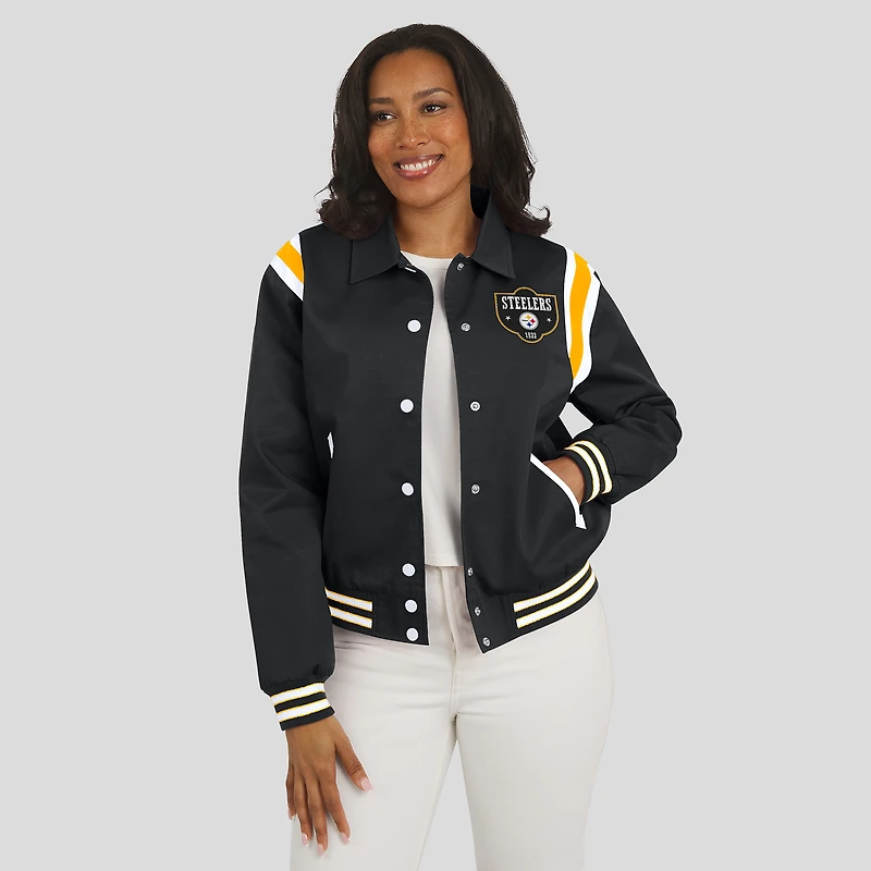 Women's WEAR by Erin Andrews Black Pittsburgh Steelers Varsity Lightweight Full-Snap Jacket