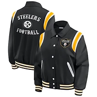 Women's WEAR by Erin Andrews Black Pittsburgh Steelers Varsity Lightweight Full-Snap Jacket