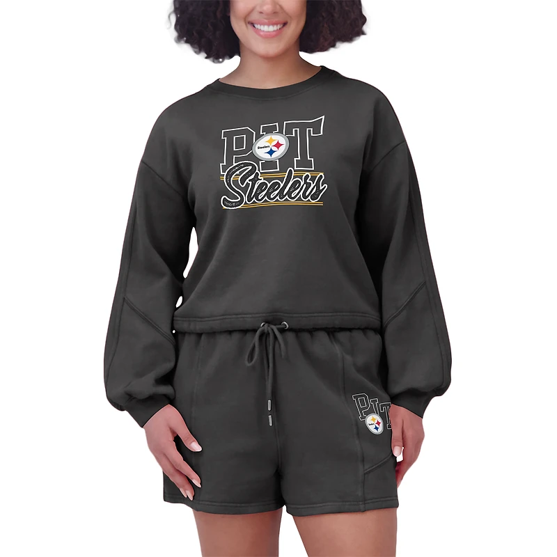 Ensemble de détente pour femme WEAR by Erin Andrews composé d'un t-shirt à manches longues et short en molleton délavé noir des Steelers Pittsburgh