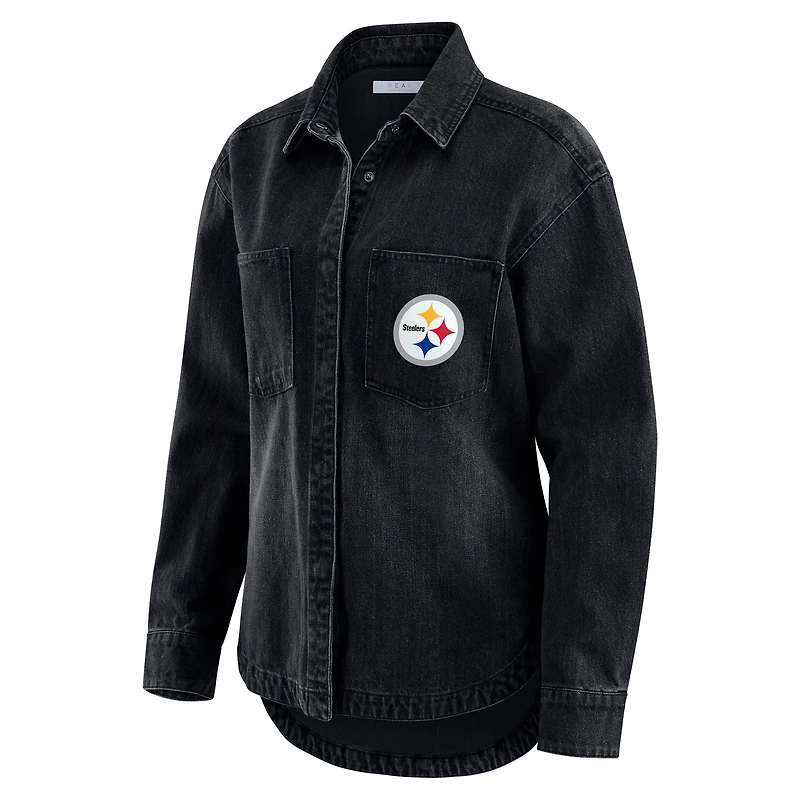 Women's WEAR by Erin Andrews Black Pittsburgh Steelers Washed Oversized Denim Full-Snap Shacket