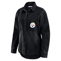 Women's WEAR by Erin Andrews Black Pittsburgh Steelers Washed Oversized Denim Full-Snap Shacket