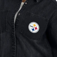 Women's WEAR by Erin Andrews Black Pittsburgh Steelers Washed Oversized Denim Full-Snap Shacket
