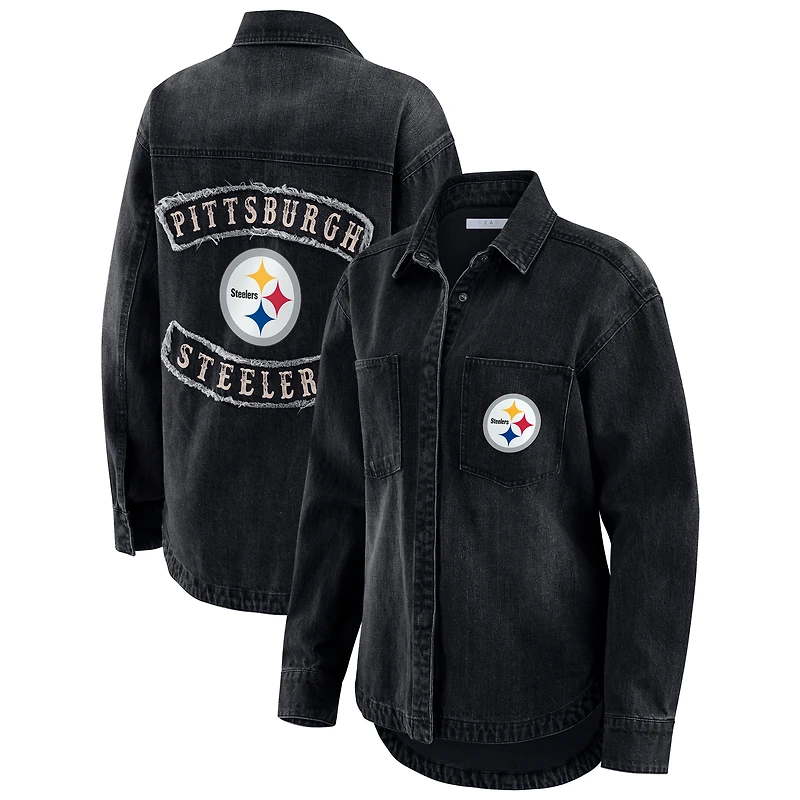 Women's WEAR by Erin Andrews Black Pittsburgh Steelers Washed Oversized Denim Full-Snap Shacket