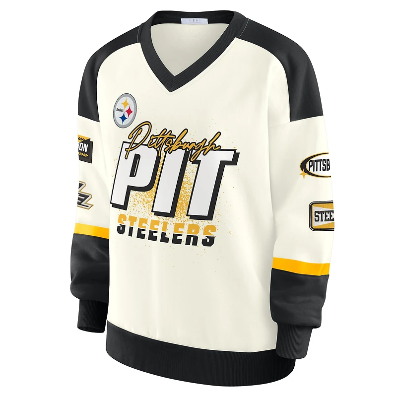 Sweat-shirt ras du cou crème à col en V pour femme WEAR by Erin Andrews des Pittsburgh Steelers Racing