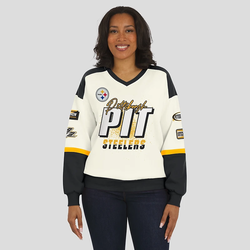 Women's WEAR by Erin Andrews Cream Pittsburgh Steelers Racing Crew V-Neck Sweatshirt