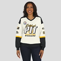 Women's WEAR by Erin Andrews  Cream Pittsburgh Steelers Racing Crew V-Neck Sweatshirt