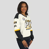 Women's WEAR by Erin Andrews  Cream Pittsburgh Steelers Racing Crew V-Neck Sweatshirt