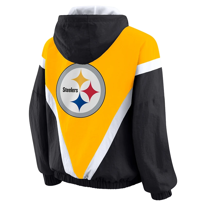 Veste coupe-vent à capuche entièrement zippée et froissée rétro grande taille des Pittsburgh Steelers, dorée/noire, pour femmes par Erin Andrews