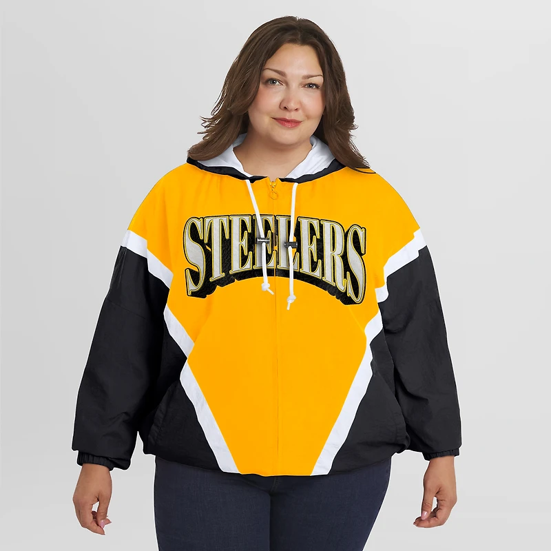 Women's WEAR by Erin Andrews Gold/Black Pittsburgh Steelers Plus Retro Crinkle Full-Zip Hoodie Windbreaker Jacket