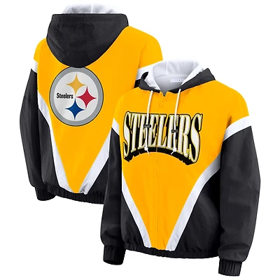 Women's WEAR by Erin Andrews Gold/Black Pittsburgh Steelers Plus Retro Crinkle Full-Zip Hoodie Windbreaker Jacket