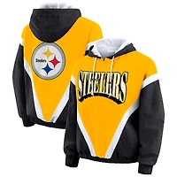 Women's WEAR by Erin Andrews Gold/Black Pittsburgh Steelers Plus Retro Crinkle Full-Zip Hoodie Windbreaker Jacket