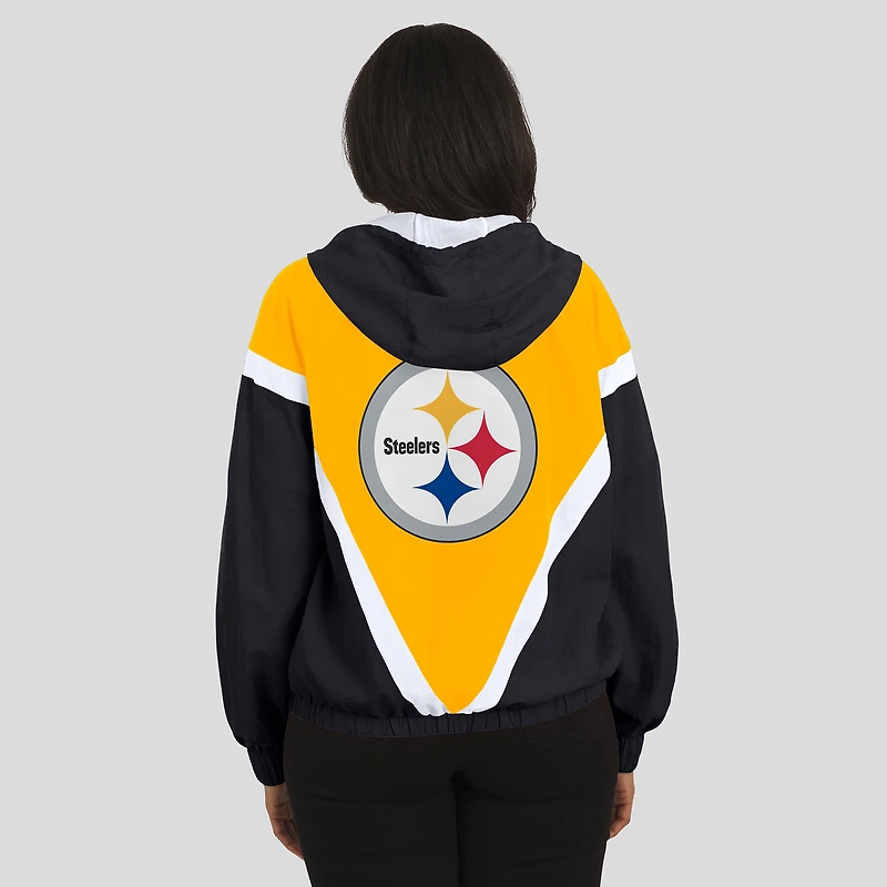 Women's WEAR by Erin Andrews Gold/Black Pittsburgh Steelers Retro Crinkle Full-Zip Hoodie Windbreaker