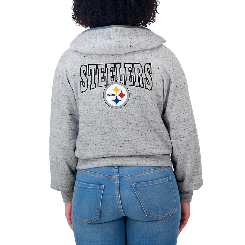 Women's WEAR by Erin Andrews  Heather Gray Pittsburgh Steelers Speckled Fleece Cropped Full-Zip Hoodie