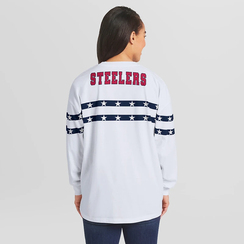 Women's WEAR by Erin Andrews White Pittsburgh Steelers Americana Stripe Long Sleeve T-Shirt