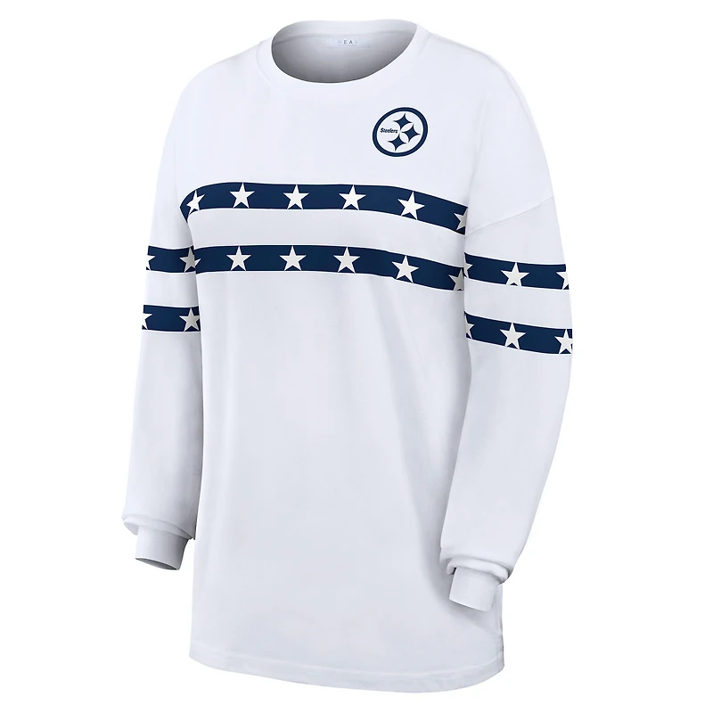 Women's WEAR by Erin Andrews White Pittsburgh Steelers Americana Stripe Long Sleeve T-Shirt