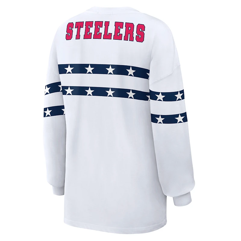 Women's WEAR by Erin Andrews White Pittsburgh Steelers Americana Stripe Long Sleeve T-Shirt