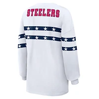 Women's WEAR by Erin Andrews  White Pittsburgh Steelers Americana Stripe Long Sleeve T-Shirt
