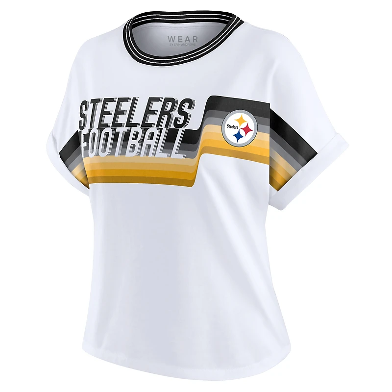 Women's WEAR by Erin Andrews White Pittsburgh Steelers Cropped Center Stripe Dolman T-Shirt
