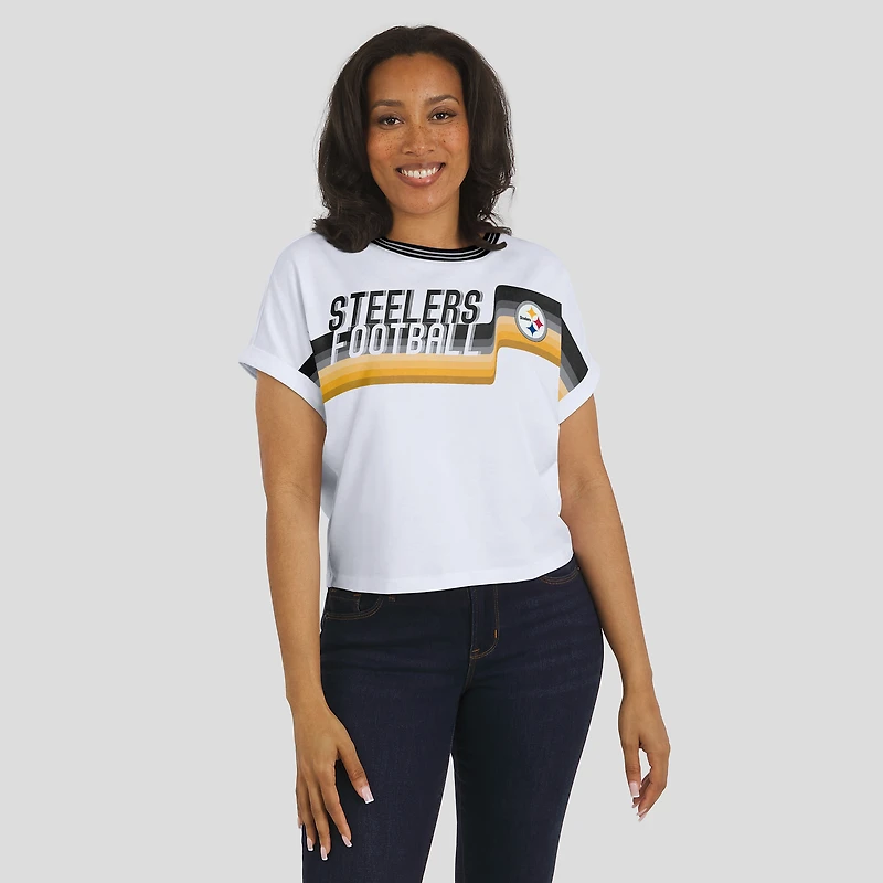 Women's WEAR by Erin Andrews White Pittsburgh Steelers Cropped Center Stripe Dolman T-Shirt