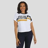 Women's WEAR by Erin Andrews White Pittsburgh Steelers Cropped Center Stripe Dolman T-Shirt