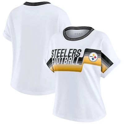 Women's WEAR by Erin Andrews White Pittsburgh Steelers Cropped Center Stripe Dolman T-Shirt