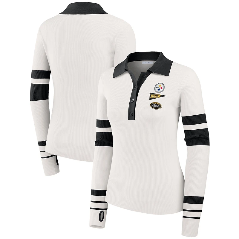 Women's WEAR by Erin Andrews White Pittsburgh Steelers Ribbed Henley Polo Sweater