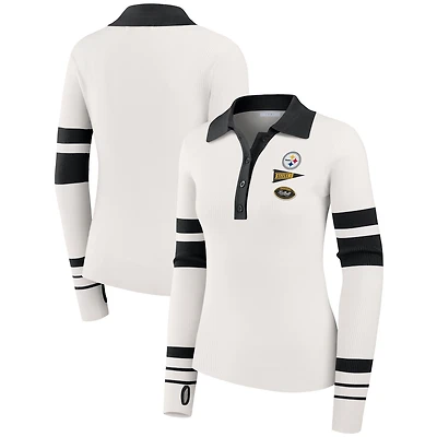 Women's WEAR by Erin Andrews White Pittsburgh Steelers Ribbed Henley Polo Sweater