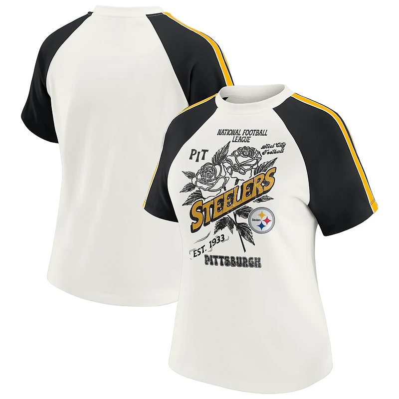 T-shirt raglan blanc à rayures et manches vieillies pour femme WEAR by Erin Andrews des Steelers de Pittsburgh