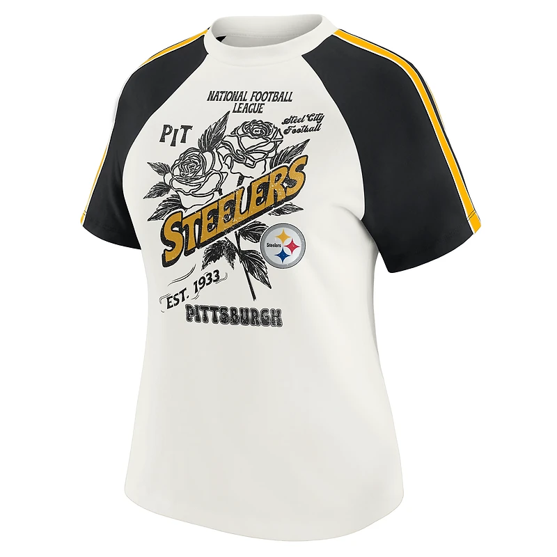 T-shirt raglan blanc à rayures et manches vieillies pour femme WEAR by Erin Andrews des Steelers de Pittsburgh