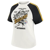 T-shirt raglan blanc à rayures et manches vieillies pour femme WEAR by Erin Andrews des Steelers de Pittsburgh