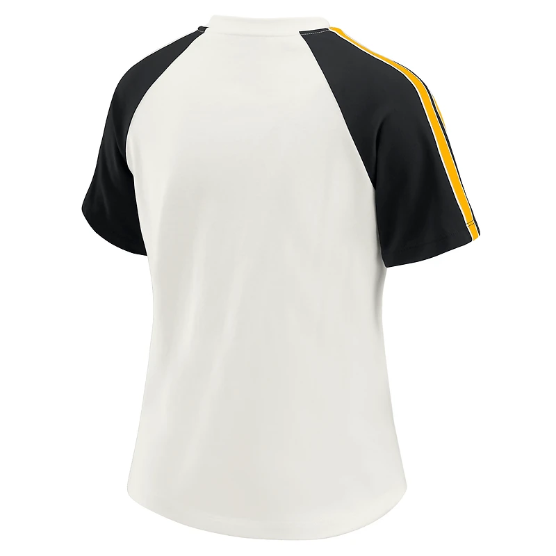 Women's WEAR by Erin Andrews White Pittsburgh Steelers Sleeve Stripe Distressed Raglan T-Shirt
