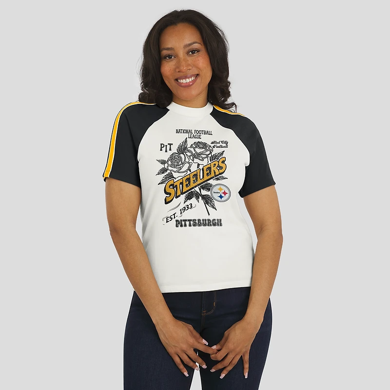 Women's WEAR by Erin Andrews White Pittsburgh Steelers Sleeve Stripe Distressed Raglan T-Shirt