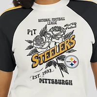 T-shirt raglan blanc à rayures et manches vieillies pour femme WEAR by Erin Andrews des Steelers de Pittsburgh