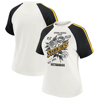 Women's WEAR by Erin Andrews White Pittsburgh Steelers Sleeve Stripe Distressed Raglan T-Shirt