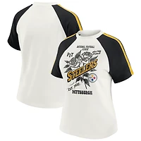 Women's WEAR by Erin Andrews White Pittsburgh Steelers Sleeve Stripe Distressed Raglan T-Shirt