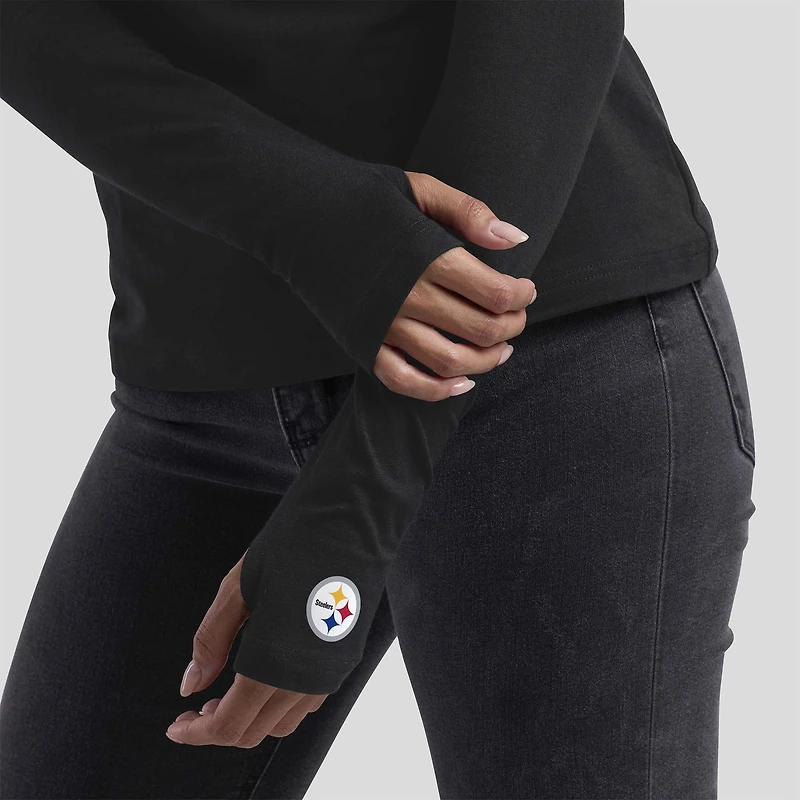 T-shirt à manches longues et empiècement en maille noire WEAR by Erin Andrews x Gracie Hunt des Pittsburgh Steelers pour femme
