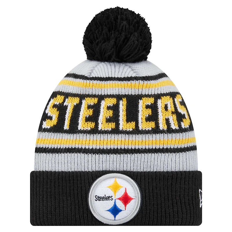 Bonnet en tricot à revers principal avec pompon pour jeunes New Era noir des Pittsburgh Steelers