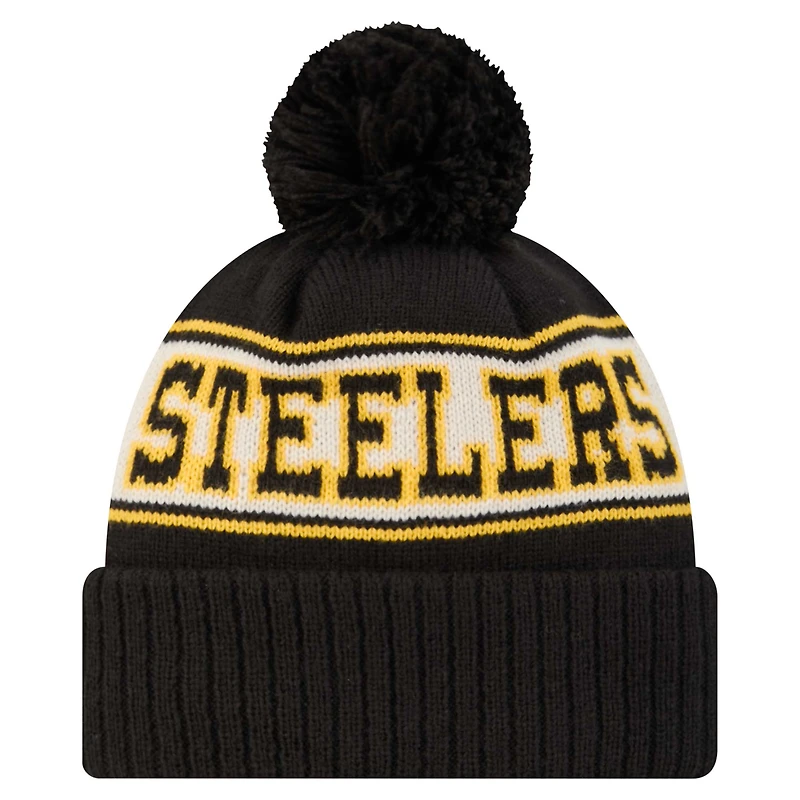 Bonnet en tricot à revers rétro Pittsburgh Steelers noir New Era pour jeune avec pompon