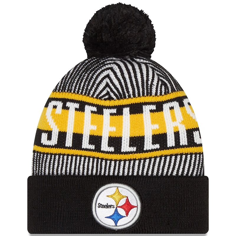 Youth New Era Black Pittsburgh Steelers Striped  Cuffed Knit Hat with Pom