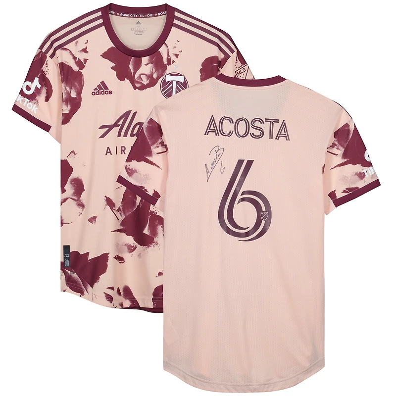 Maillot rose dédicacé #6 de Bryan Acosta des Portland Timbers lors de la saison 2023 de la MLS