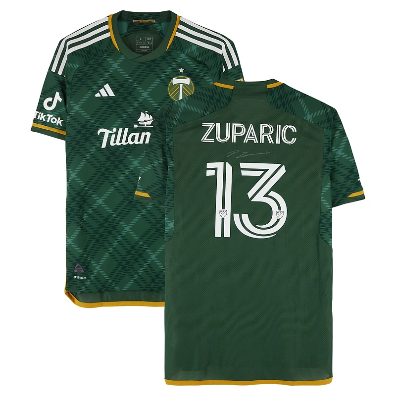 Maillot adidas vert dédicacé par Dario Zuparic des Portland Timbers, numéro 13, utilisé lors du match de la saison 2024 de la MLS - Taille L