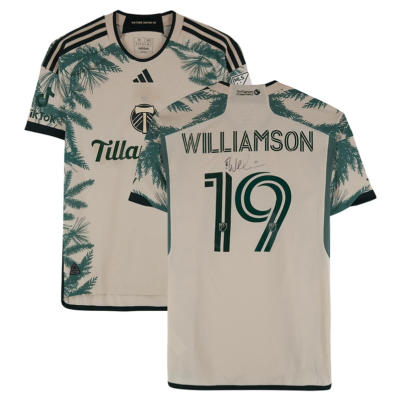Maillot adidas beige dédicacé Eryk Williamson des Portland Timbers, numéro 19, utilisé lors du match de la saison 2024 de la MLS - Taille M