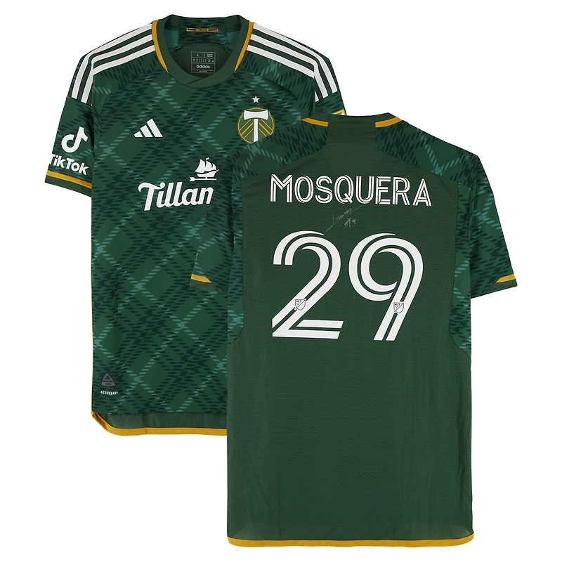 Maillot adidas vert dédicacé Juan Mosquera des Portland Timbers (n° 29) pour la saison 2024 de la MLS - Taille L