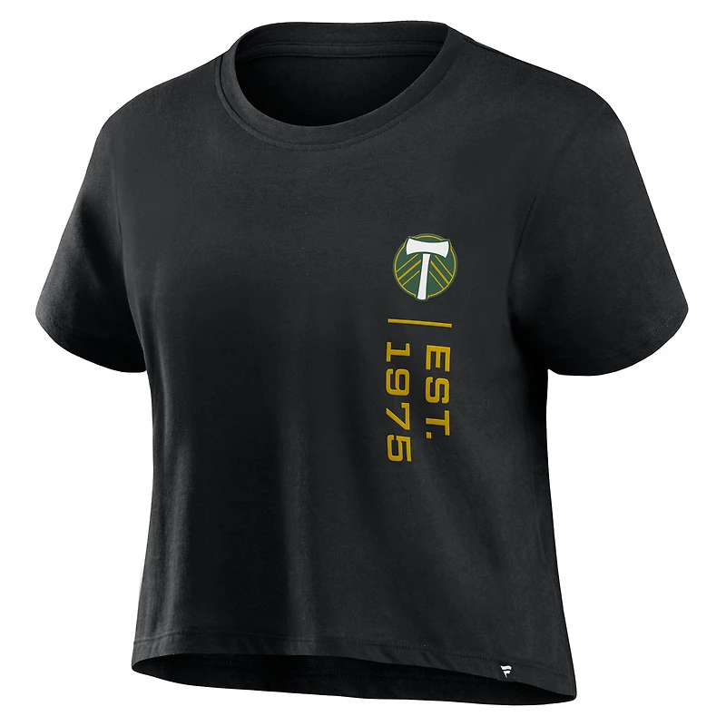 T-shirt court tendance noir Portland Timbers Chip Pass de marque Fanatics pour femmes