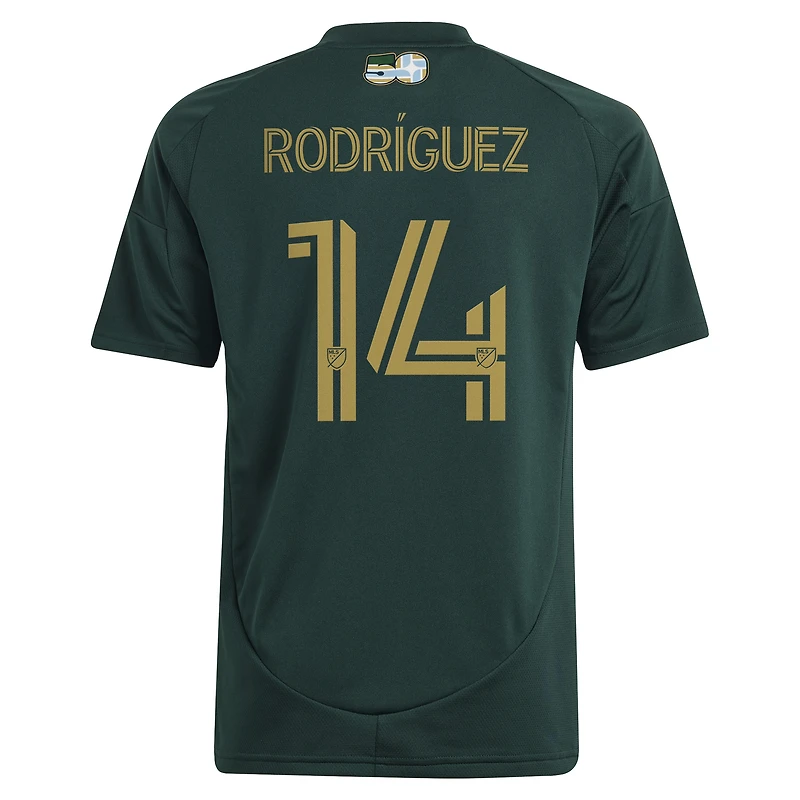 Maillot de joueur réplique vert et or pour toujours des Portland Timbers 2025 Jonathan Rodríguez adidas jeunes