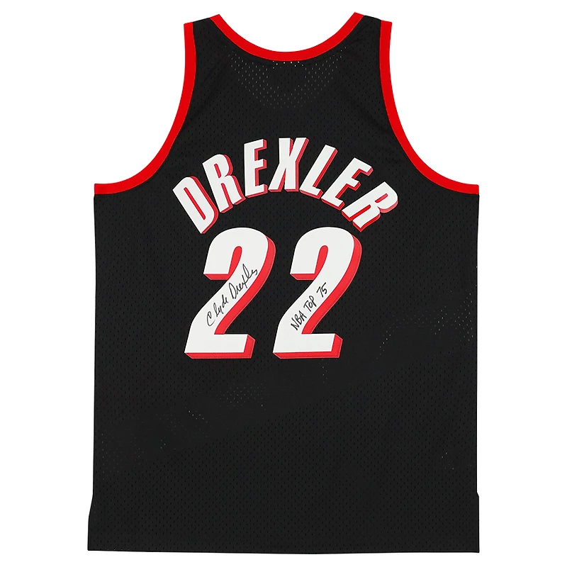 Maillot Swingman noir dédicacé par Clyde Drexler des Portland Trail Blazers Mitchell & Ness 1991-92 avec inscription « NBA Top 75 »