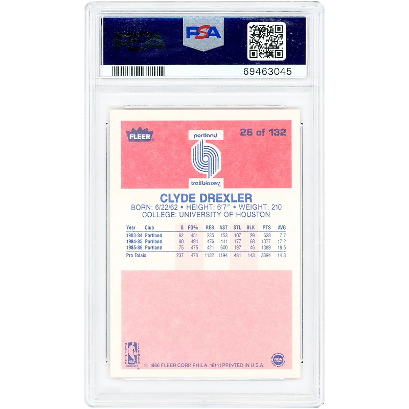 Clyde Drexler Portland Trail Blazers 1986-87 Fleer #26 PSA Authenticated 9 Rookie Card