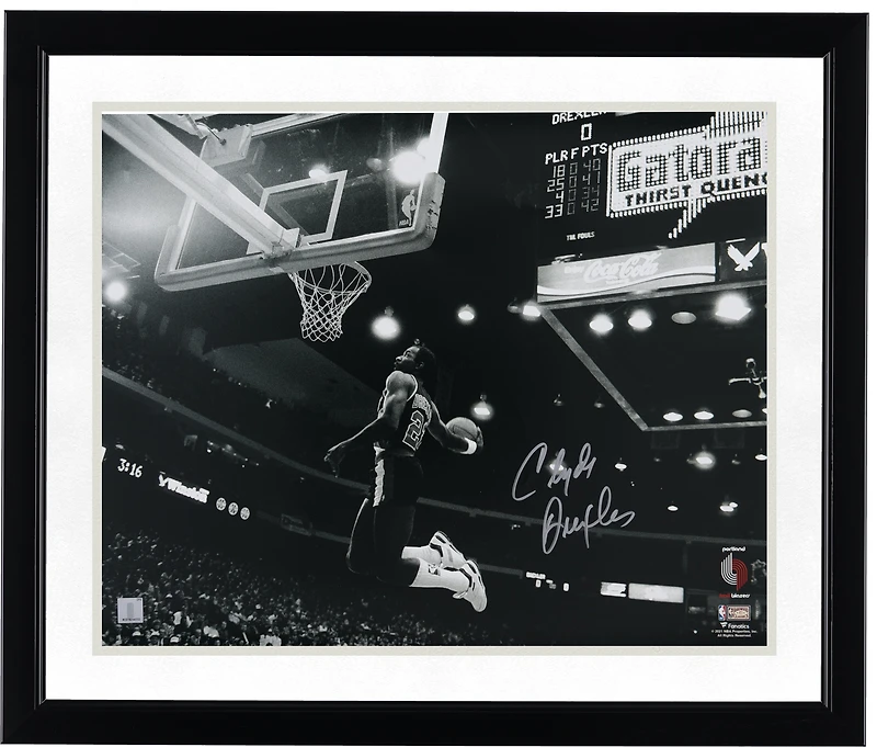 Clyde Drexler Portland Trail Blazers Autographed 16" x 20" Black & White Dunk Photograph