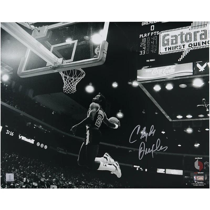 Clyde Drexler Portland Trail Blazers Autographed 16" x 20" Black & White Dunk Photograph 