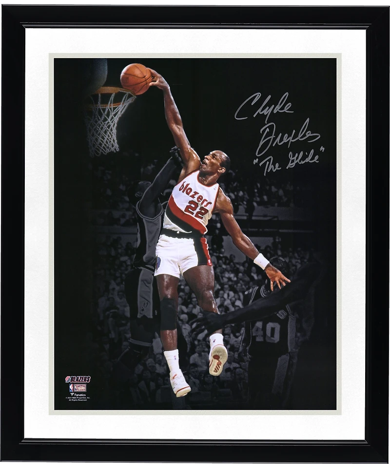 Clyde Drexler Portland Trail Blazers Autographed 16" x 20" Spotlight Dunk vs. Spurs Photograph with "The Glide" Inscription